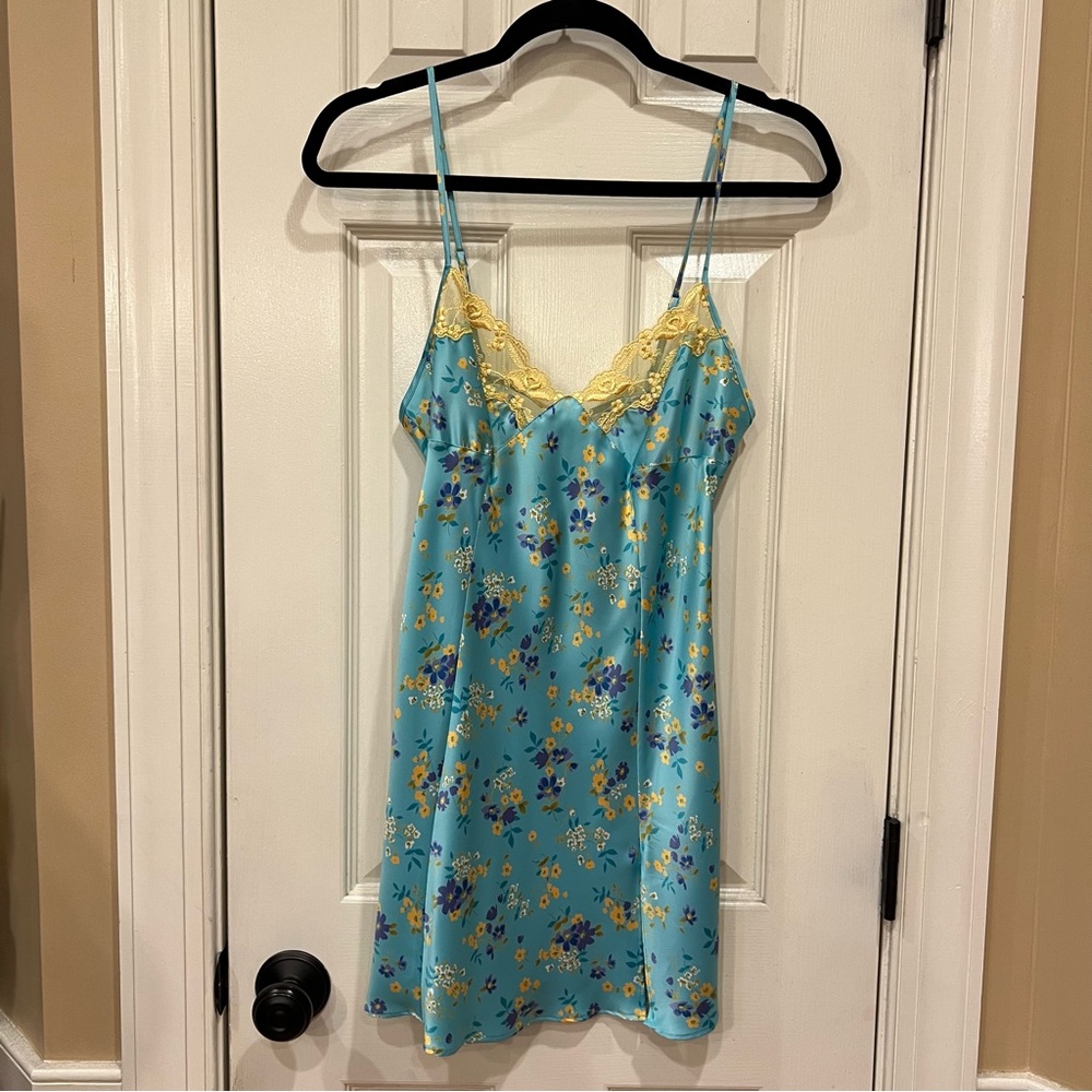 Vintage Y2K 2001 Victoria’s Secret Slip Dress Blue Yellow Lace Floral Small - Picture 2 of 9